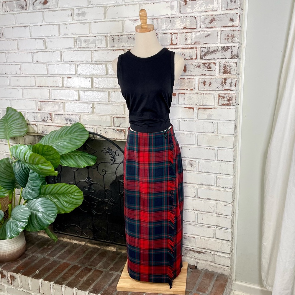 Vintage 80s Rafaella Wool Plaid  Red Blue Wrap Fringe Tartan Maxi Skirt